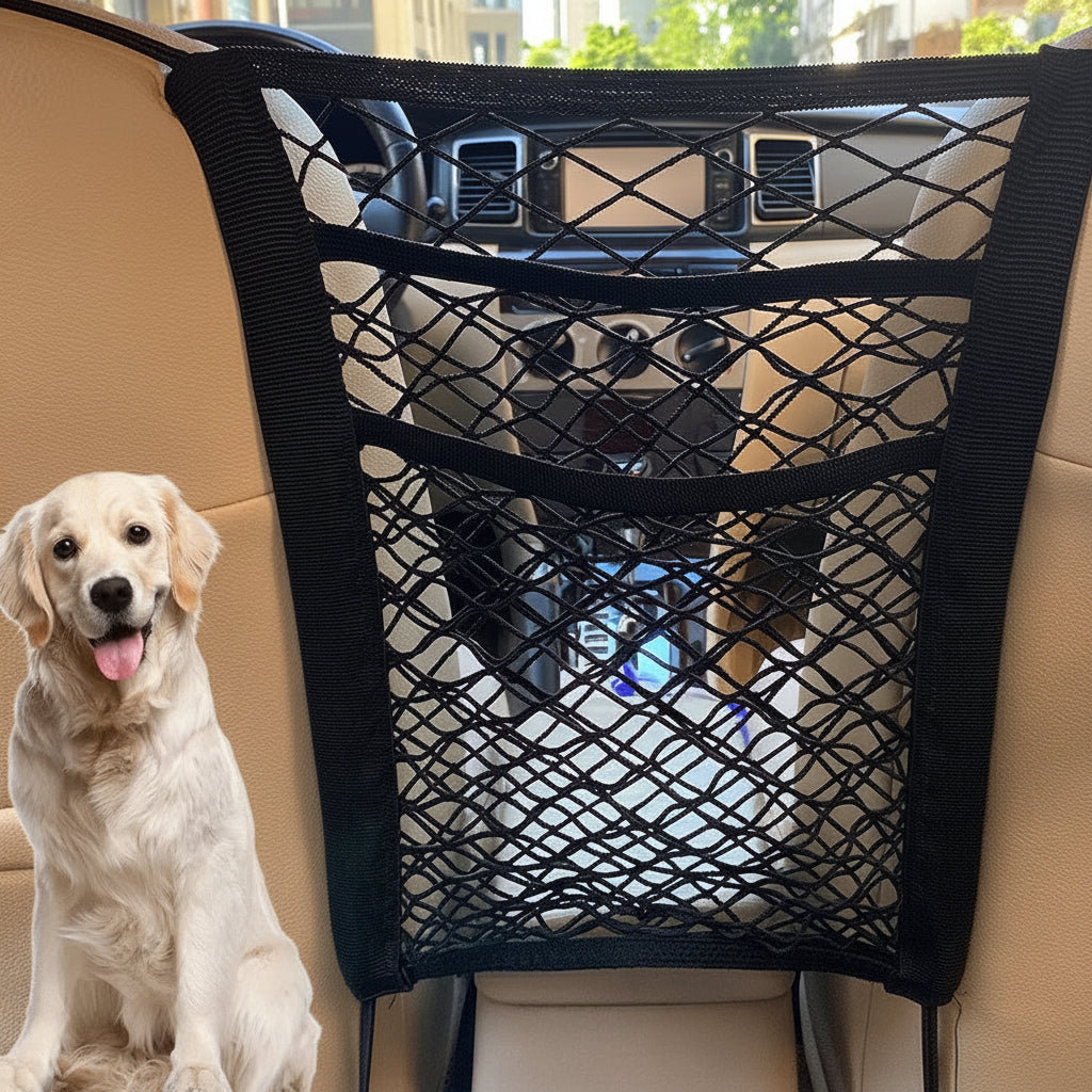 Malla de Seguridad para Mascotas en el Auto con Bolsa de Almacenamiento
